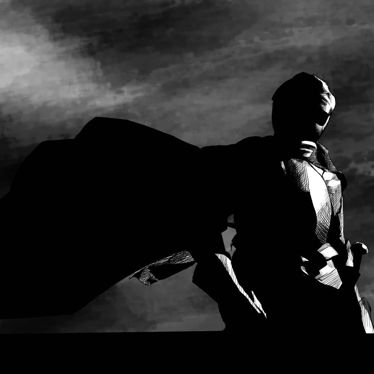 A black-and-white anime-style illustration shows a silhouetted figure in a cape and helmet, viewed from behind against a…