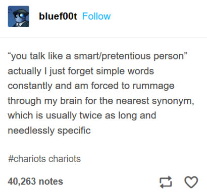 A screenshot of a Tumblr post by user 'bluef00t' showing a text-based meme. The post features a quote: 'you talk like a…