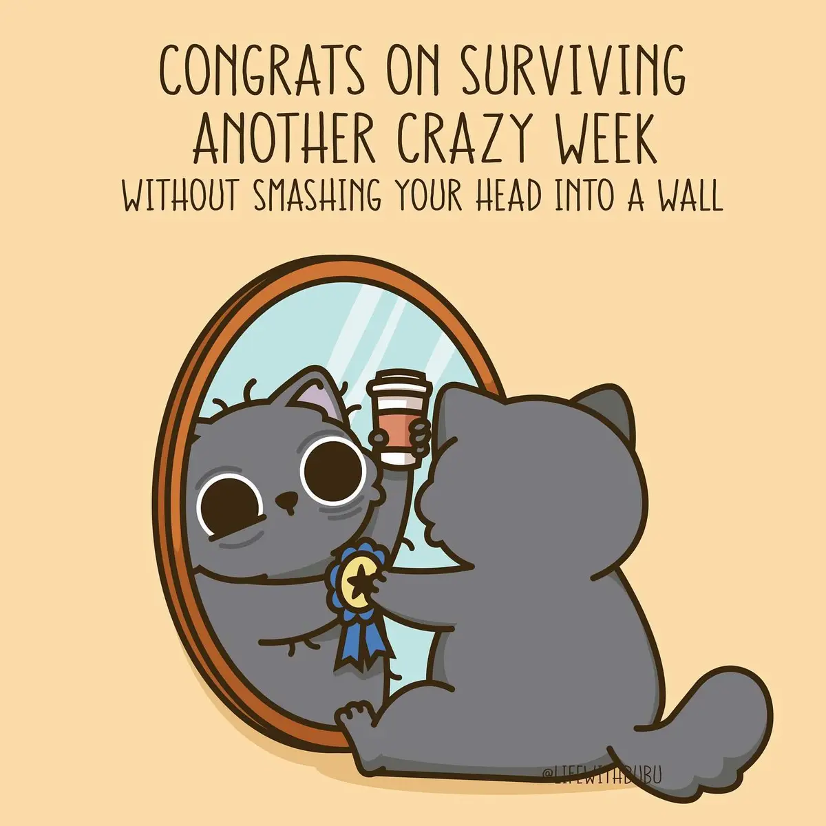 A cartoon gray cat sits before a mirror, holding a coffee cup and a blue ribboned medal, looking at its reflection with a…