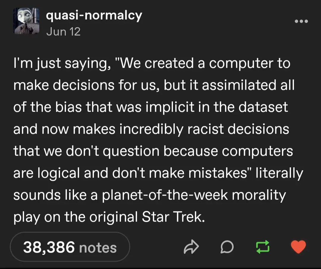 A Tumblr post by user 'quasi-normalcy' dated June 12, featuring white text on a dark background. The text critiques how AI…