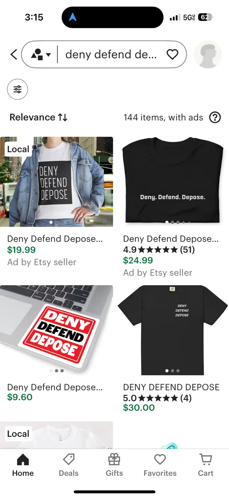 A smartphone screenshot of a shopping app displaying multiple merchandise items, including t-shirts and a laptop sticker…