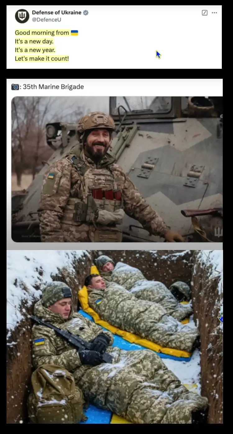 The image is a two-panel meme. The top panel shows a cheerful Ukrainian soldier in full gear smiling in front of a military…