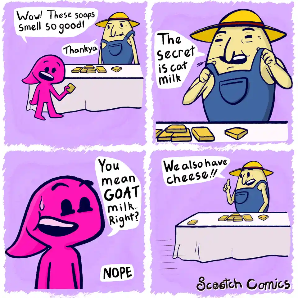 A four-panel comic shows a pink character buying soap from a vendor. The vendor claims the secret ingredient is 'cat milk,'…