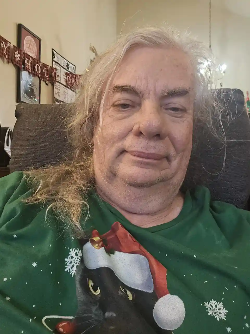 A man with long gray hair sits in a chair wearing a green holiday t-shirt featuring a black cat wearing a red and white…
