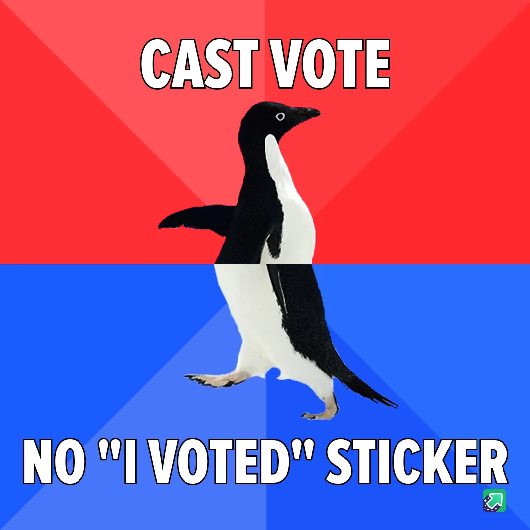 A penguin stands centered against a red and blue background split diagonally. White bold text at the top reads 'CAST VOTE'…