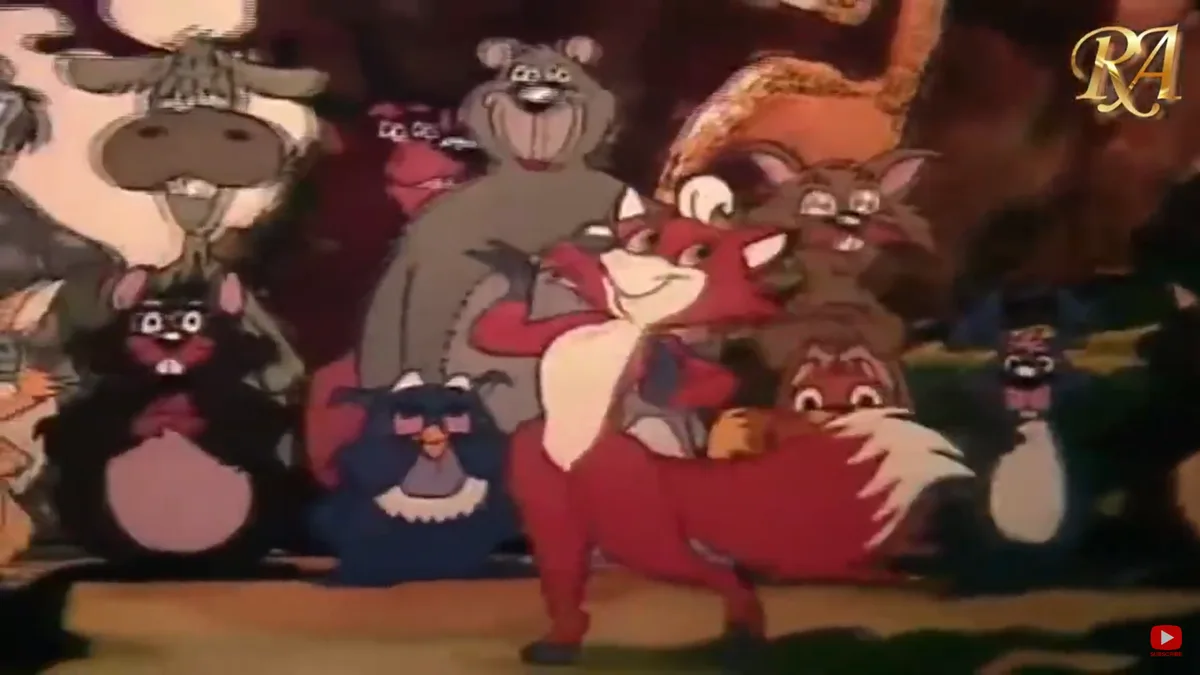 A still from an animated cartoon shows a red fox standing confidently in front of a crowd of various cartoon animals…
