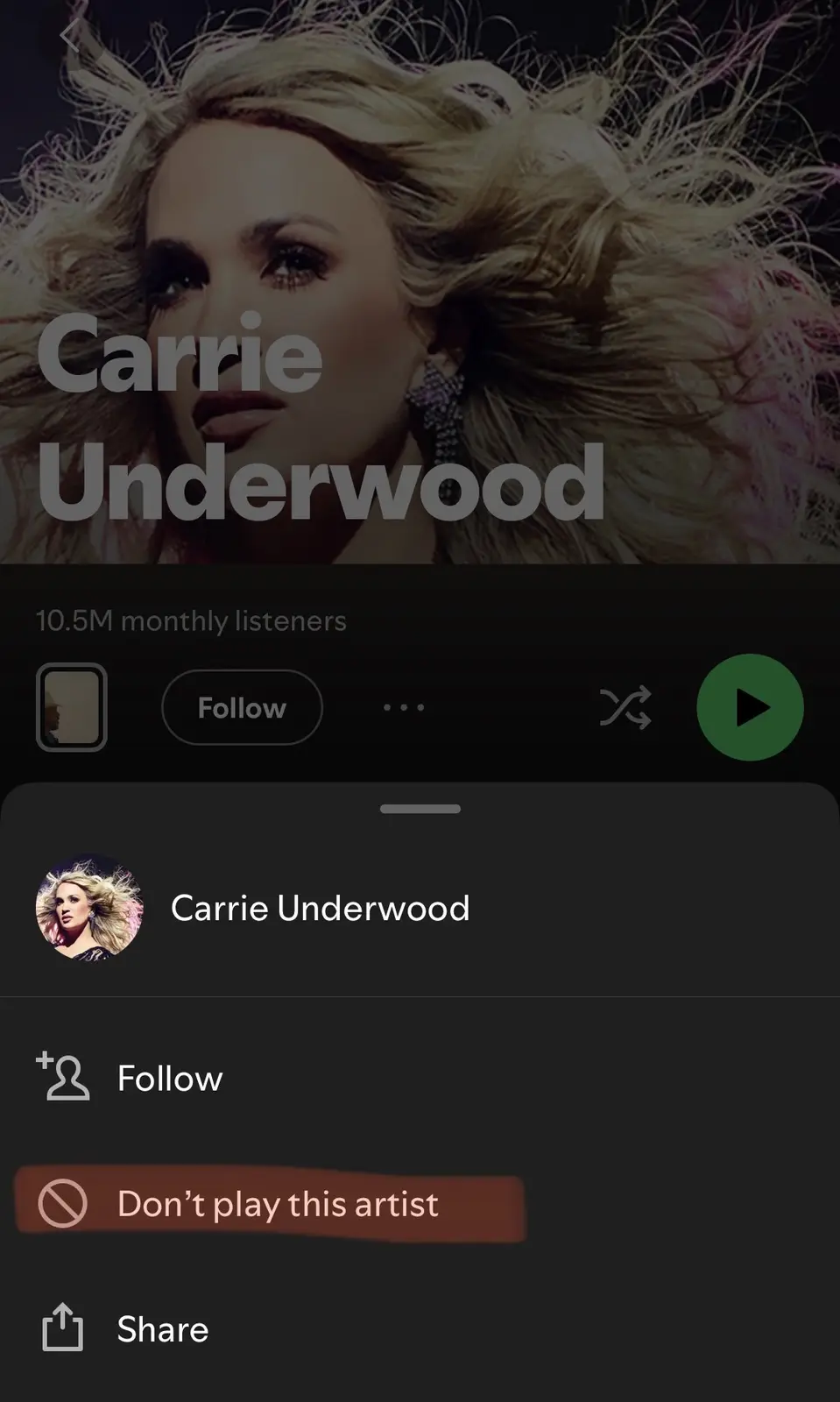 A screenshot of a music streaming app's artist page for Carrie Underwood, showing her profile picture and stats like '10.5M…