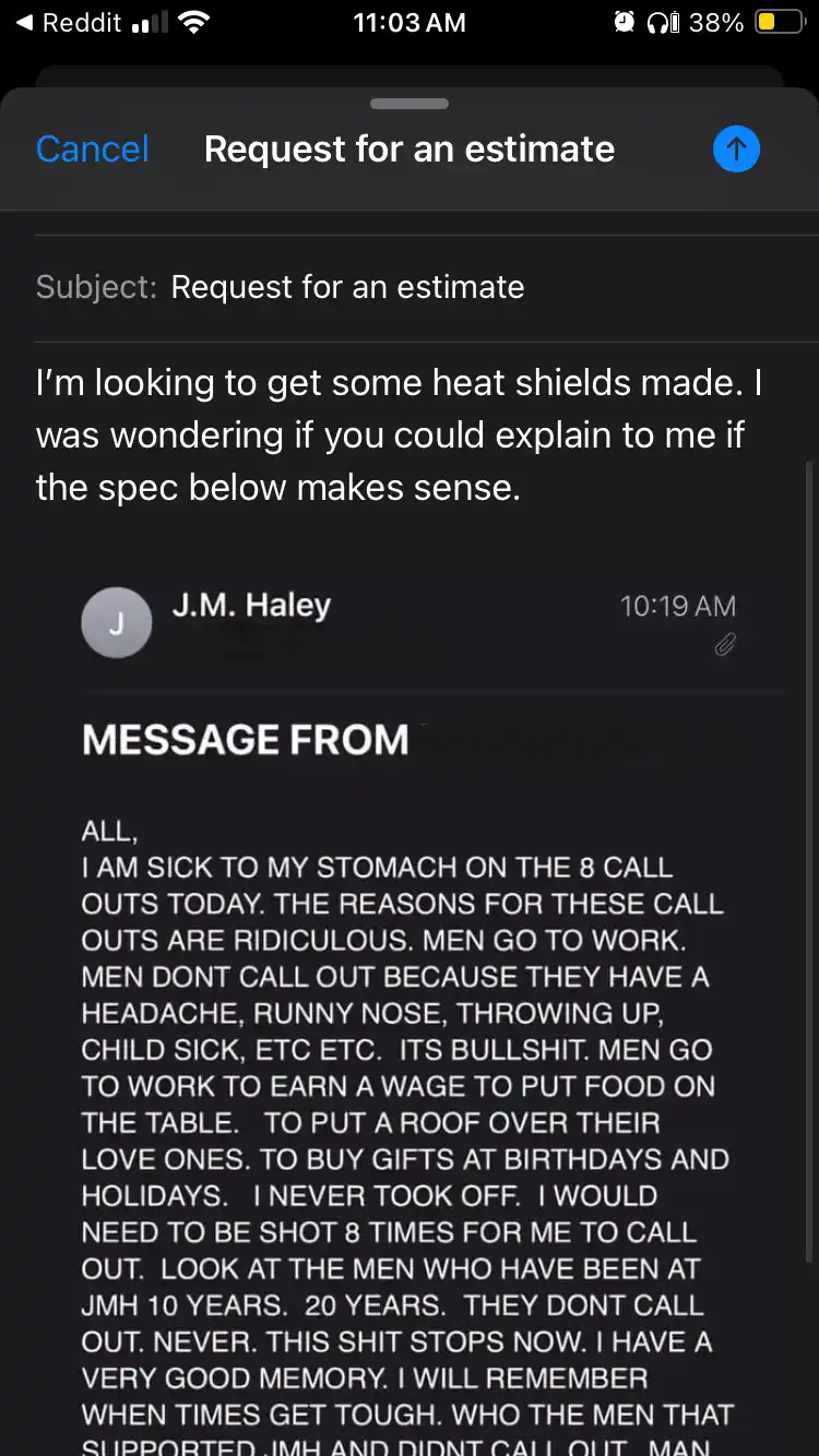 A screenshot of a mobile messaging app shows a 'Request for an estimate' message from J.M. Haley asking if a technical spec…