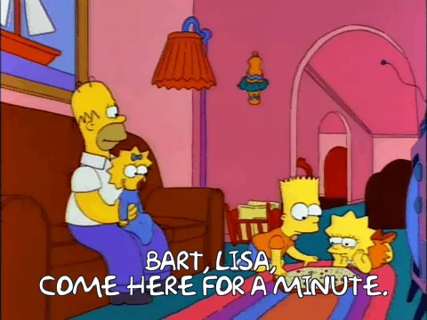 The image shows six panels of Homer Simpson sitting on a couch in his living room, repeatedly calling Bart and Lisa to come…