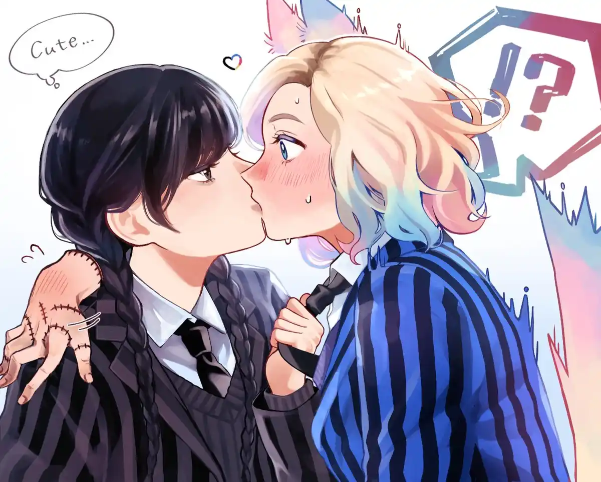Two anime-style characters in school uniforms are kissing; one has dark hair and a stitched hand, the other has blonde hair…