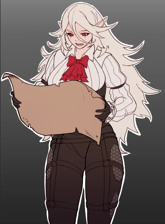 An anime-style elf woman with long white hair, red eyes, and a red bow holds a large, blank, torn map. She has a smug…