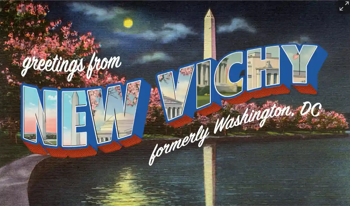 A vintage-style postcard depicts a nighttime scene of Washington, D.C., featuring cherry blossoms, the Washington Monument…