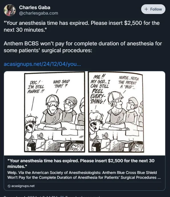 A two-panel comic strip shows a patient under anesthesia suddenly waking up and screaming 'DOC! I'M STILL AWAKE!!' while the…
