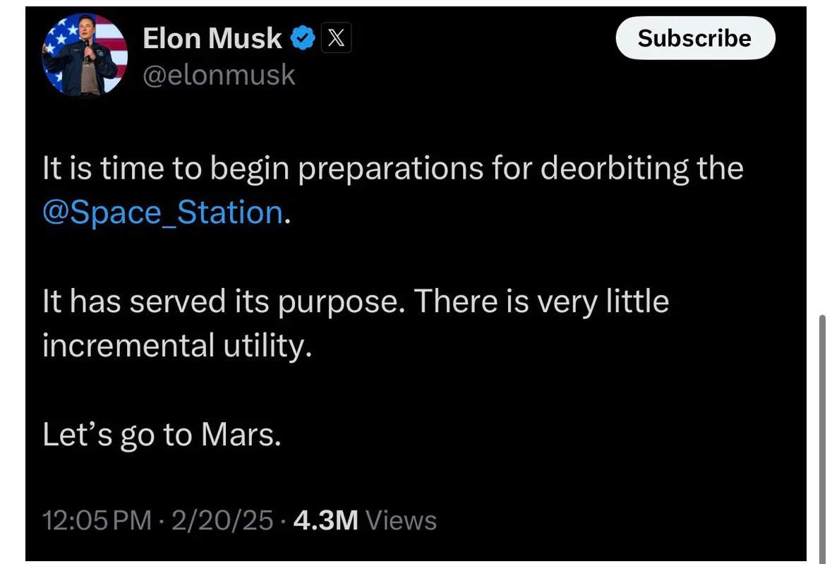 A screenshot of a social media post attributed to Elon Musk, styled to look like a YouTube video with a 'Subscribe' button…