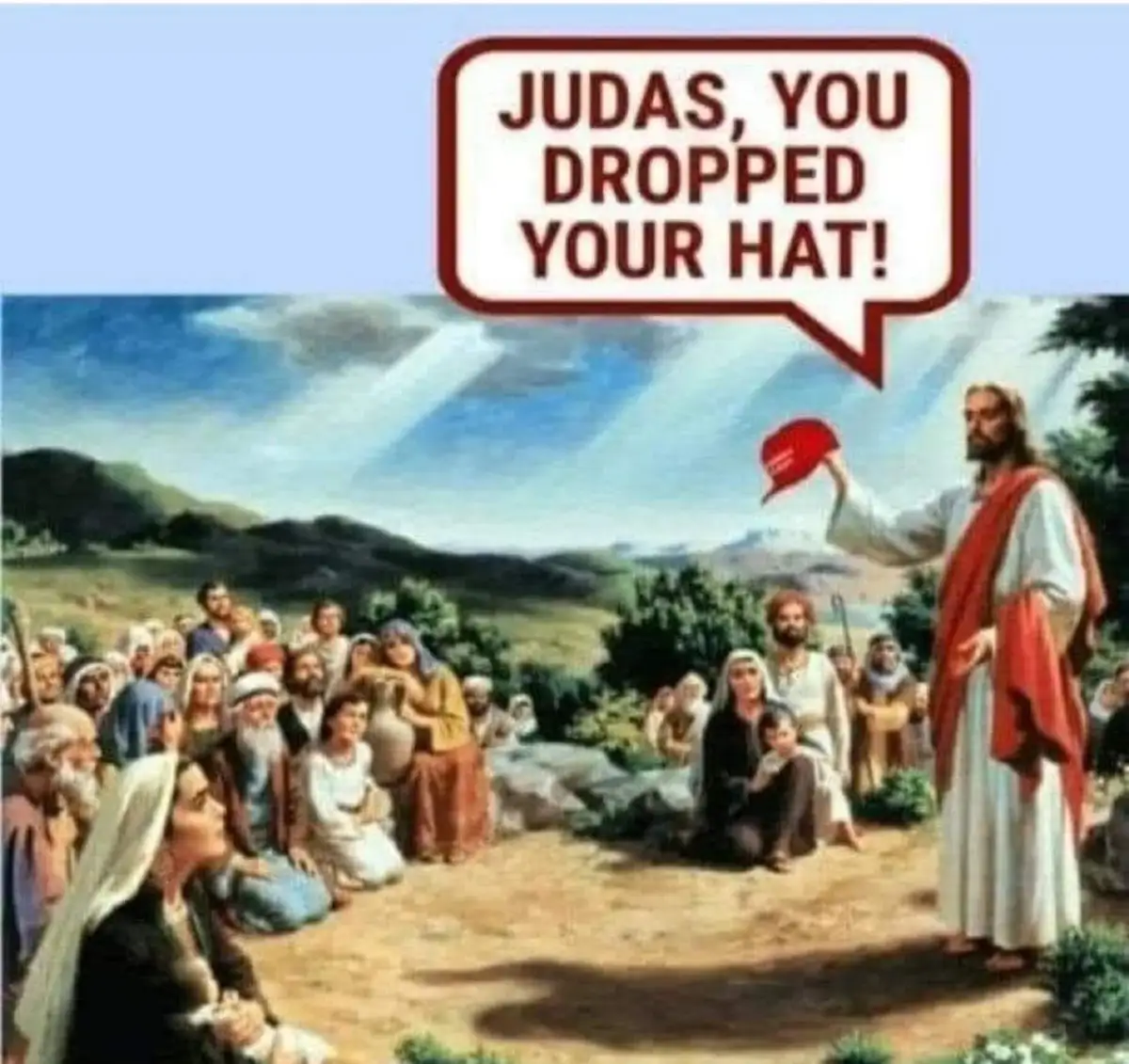 A classical painting depicts Jesus holding up a red MAGA-style hat while addressing a crowd, with a speech bubble above him…