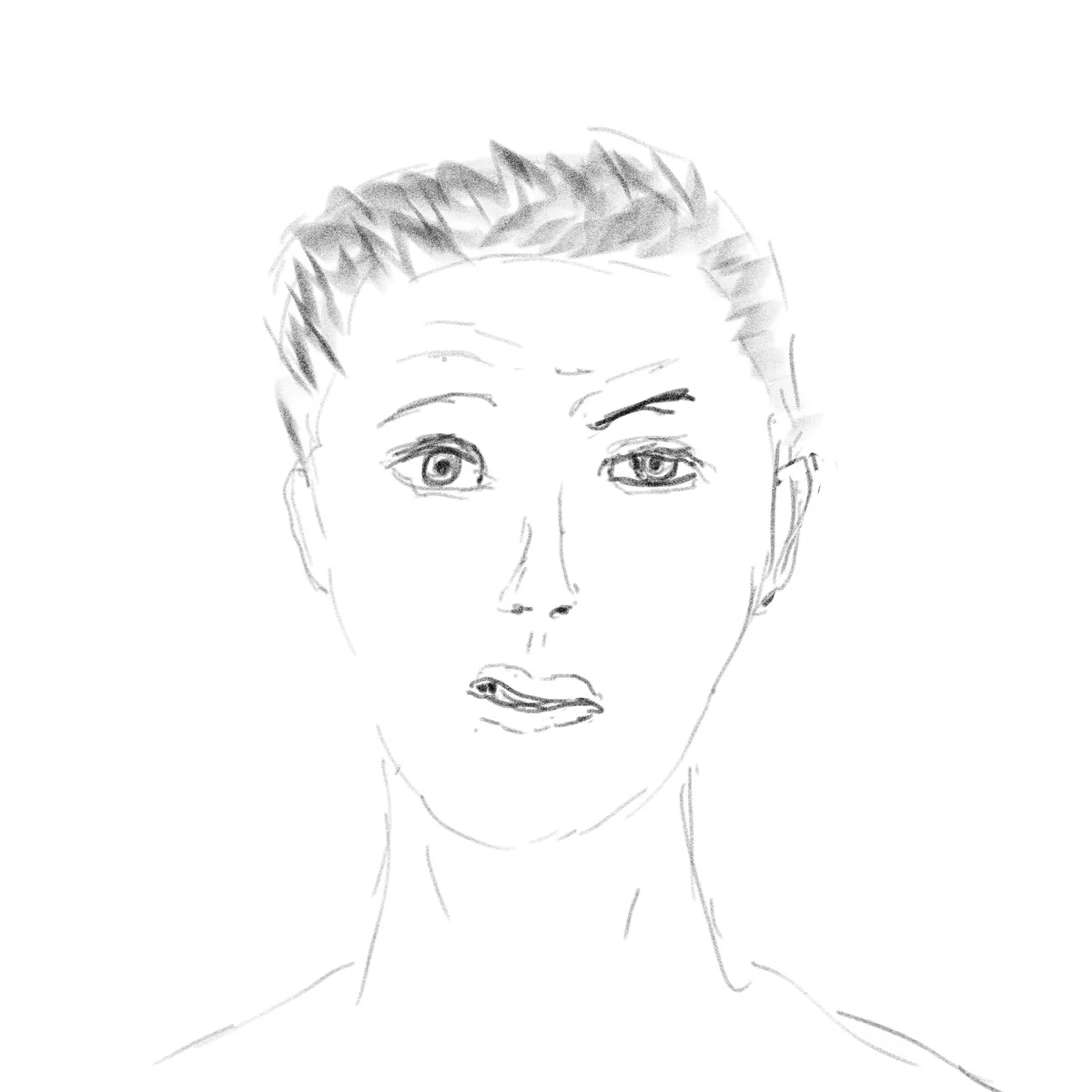 A black-and-white sketch of a person's face with wide, startled eyes and a slightly open mouth, conveying shock or…