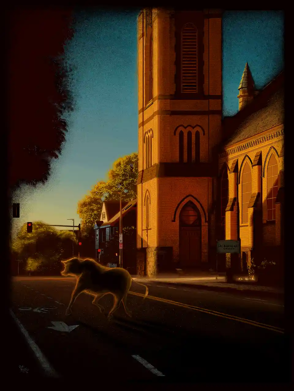 A surreal digital painting depicts a horse running across a street in front of a large brick church labeled 'Sacred Heart…