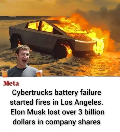 A man with a wide, joyful expression holds two drinks while a large, flaming, angular Tesla Cybertruck sinks in water…