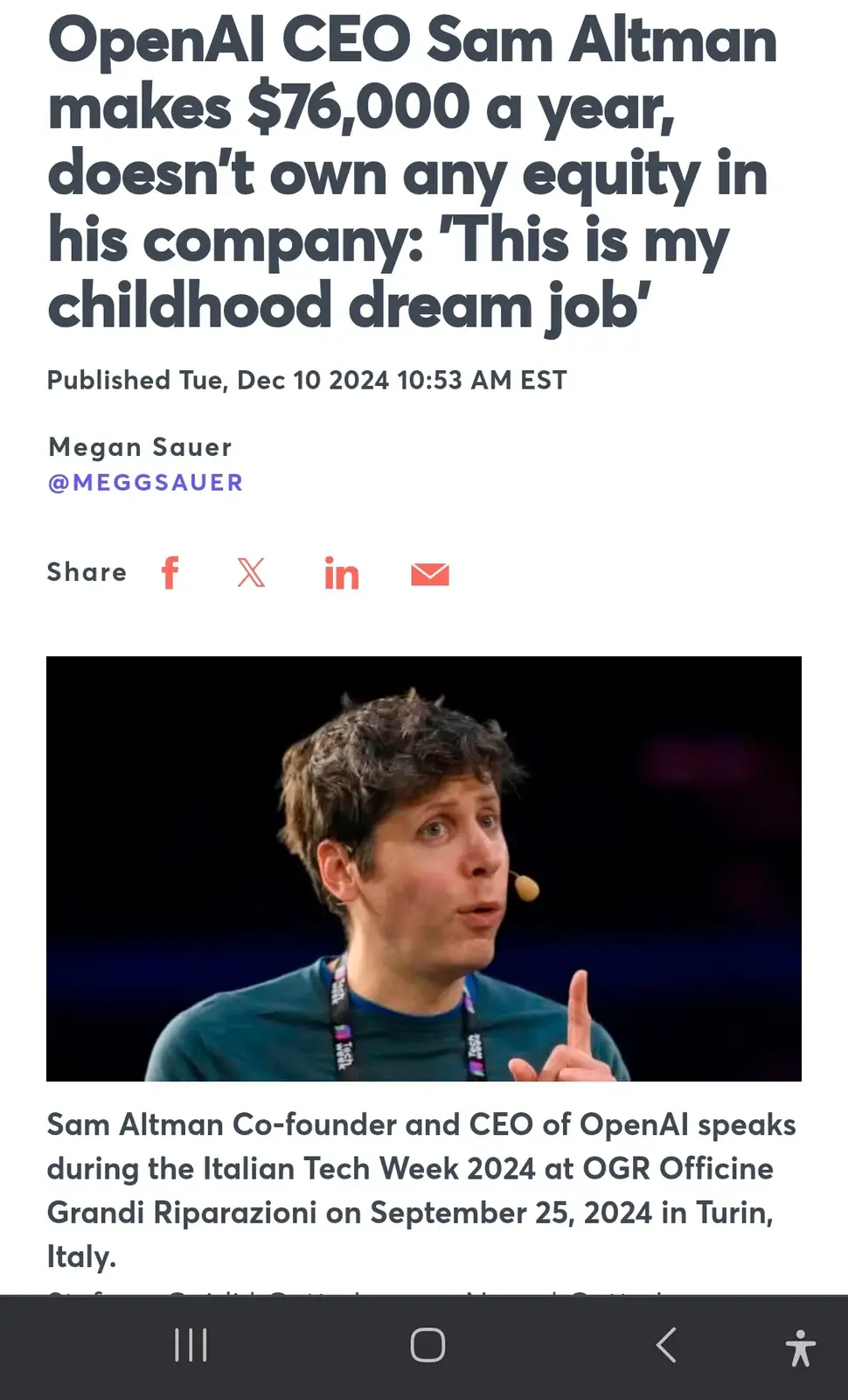 A screenshot of a news article featuring a photo of Sam Altman, CEO of OpenAI, speaking at an event. The headline states he…