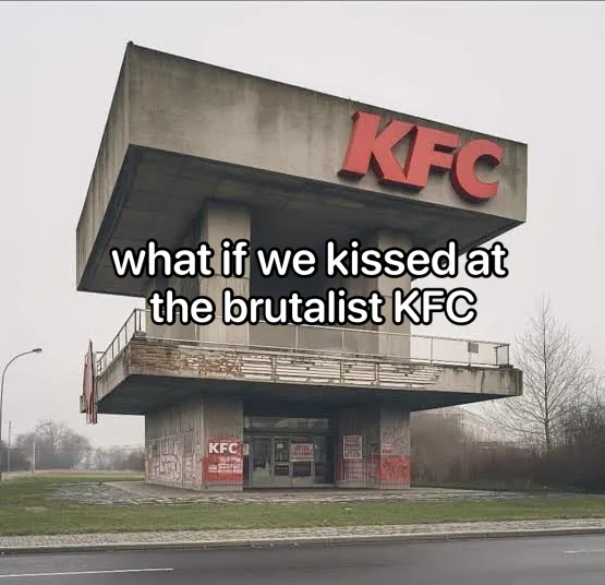 A photograph of a dilapidated, concrete KFC restaurant with a stark, angular brutalist architectural style. The building is…