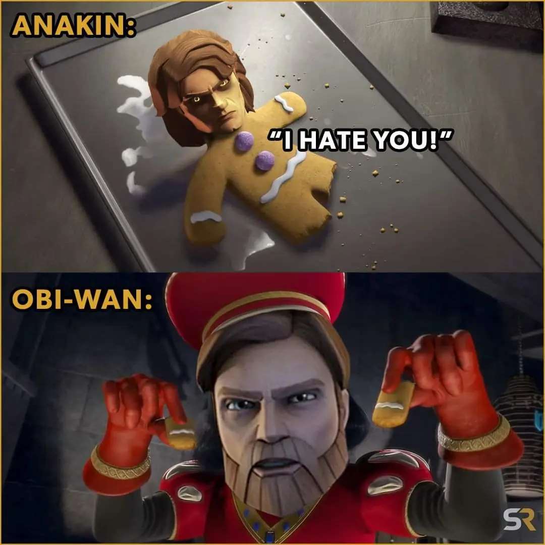 The top panel shows a gingerbread man with Anakin Skywalker's face, lying on a baking sheet with icing and crumbs, labeled…
