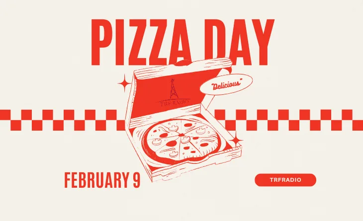 A stylized red-and-white illustration shows an open pizza box with a pizza inside, featuring a small Eiffel Tower logo on…
