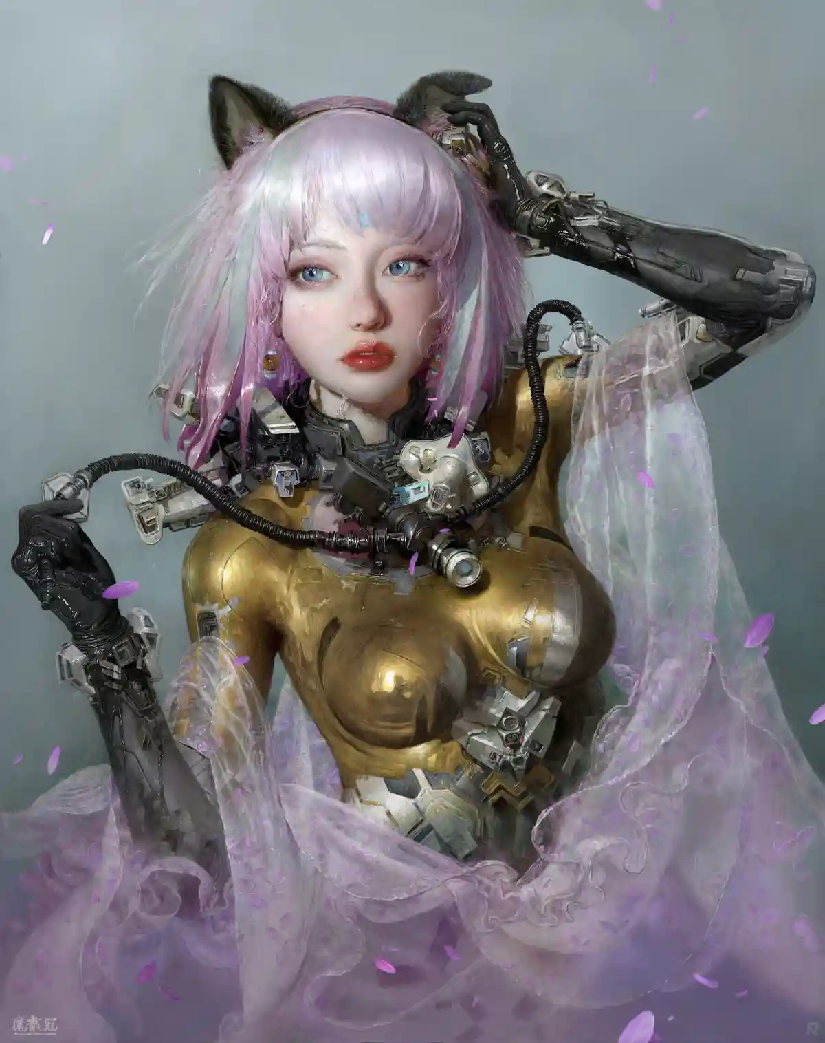 A digitally rendered image shows a humanoid figure with cat ears, pink and white hair, and blue eyes, wearing a golden…