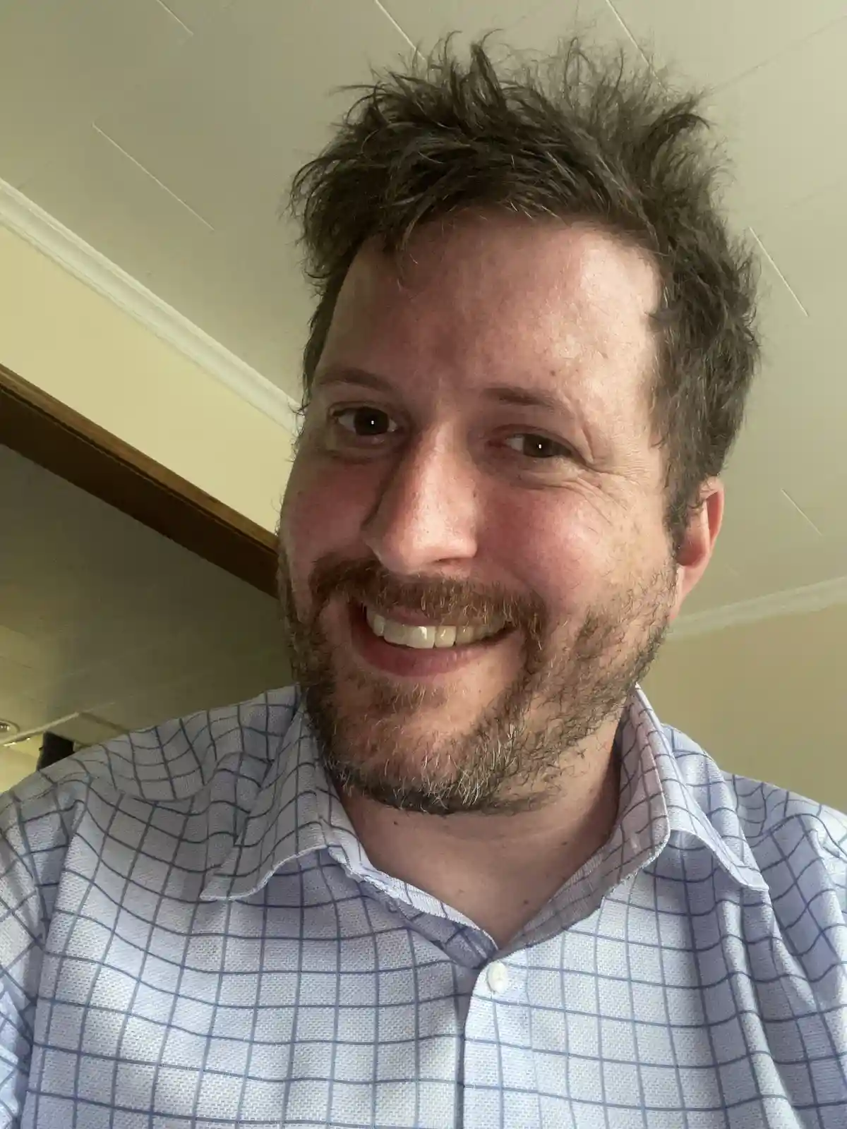 A close-up selfie of a smiling man with messy brown hair and a beard, wearing a light blue and white checkered button-up…