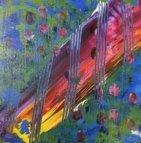 A vibrant, abstract painting depicts a field of stylized pink and purple flowers with blue stems against a green and blue…