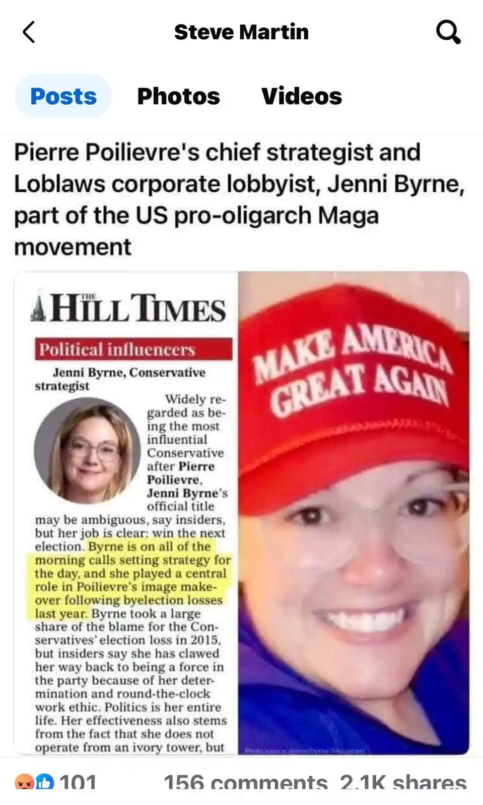 The image is a side-by-side comparison: on the left, a newspaper clipping from 'The Hill Times' featuring a photo of Jenni…