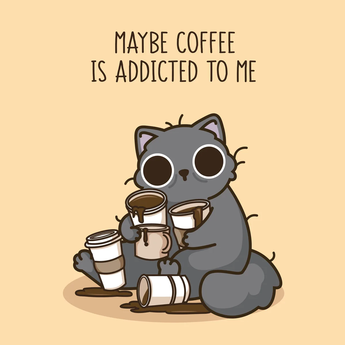 A cartoon gray cat with large, tired eyes sits surrounded by multiple coffee cups, some spilled and overflowing, suggesting…