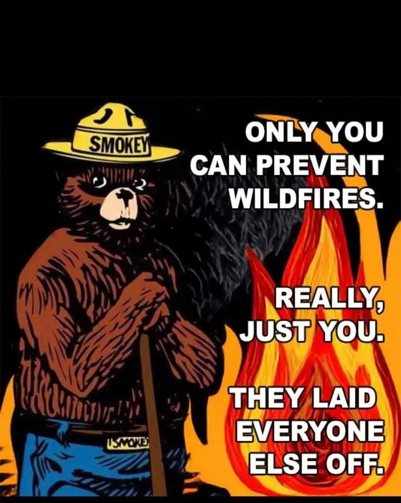 A cartoon illustration of Smokey Bear, wearing his iconic yellow hat with 'SMOKEY' written on it and blue overalls, holding…