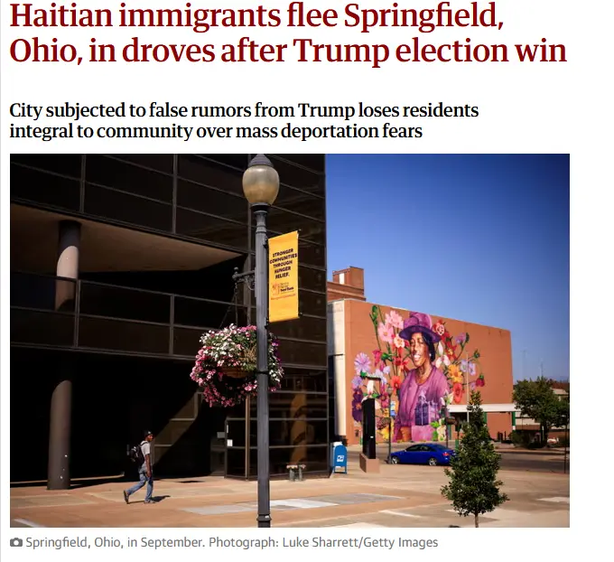 A news article headline overlays a photo of Springfield, Ohio, showing a pedestrian walking past a modern building and a…