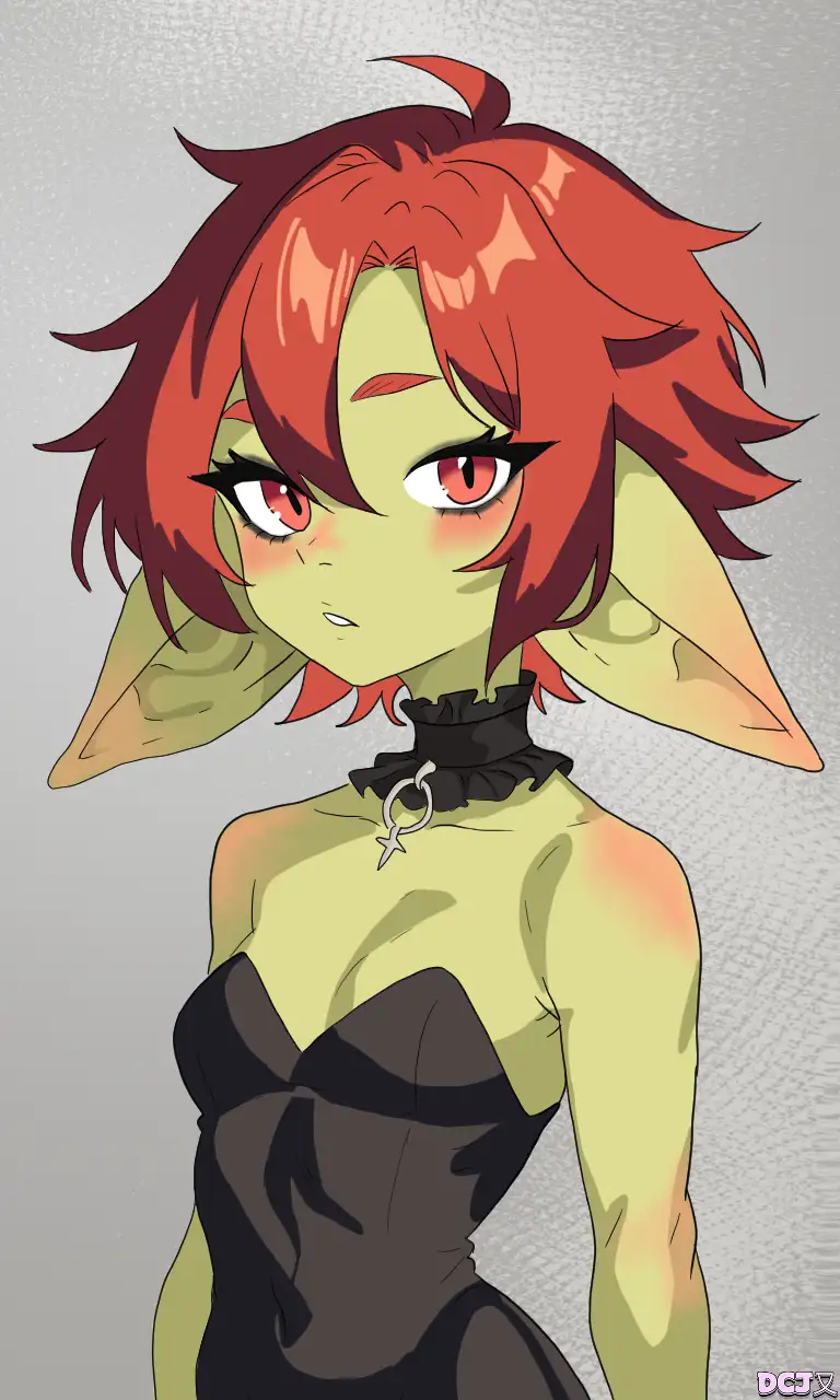 An anime-style illustration of a green-skinned, red-haired elf-like woman with pointed ears, wearing a black strapless dress…