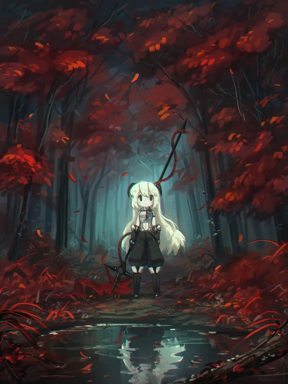 A chibi-style anime girl with long white hair and black cat ears stands in a dark, autumnal forest with red leaves falling…