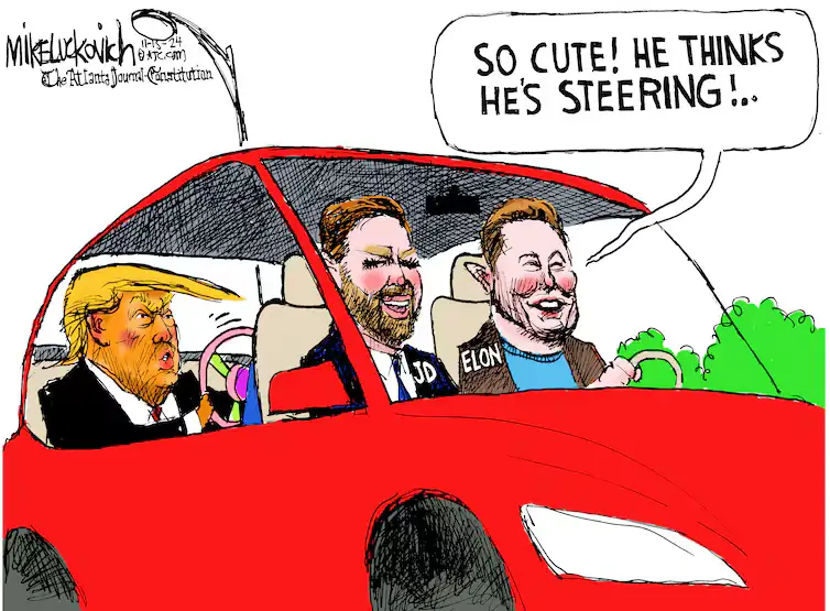 A cartoon depicts three caricatured men in a red car: Donald Trump is in the driver's seat, gripping the wheel with a…