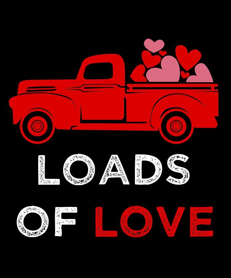 A red vintage pickup truck is shown against a black background, filled in its bed with numerous pink and red hearts. Below…