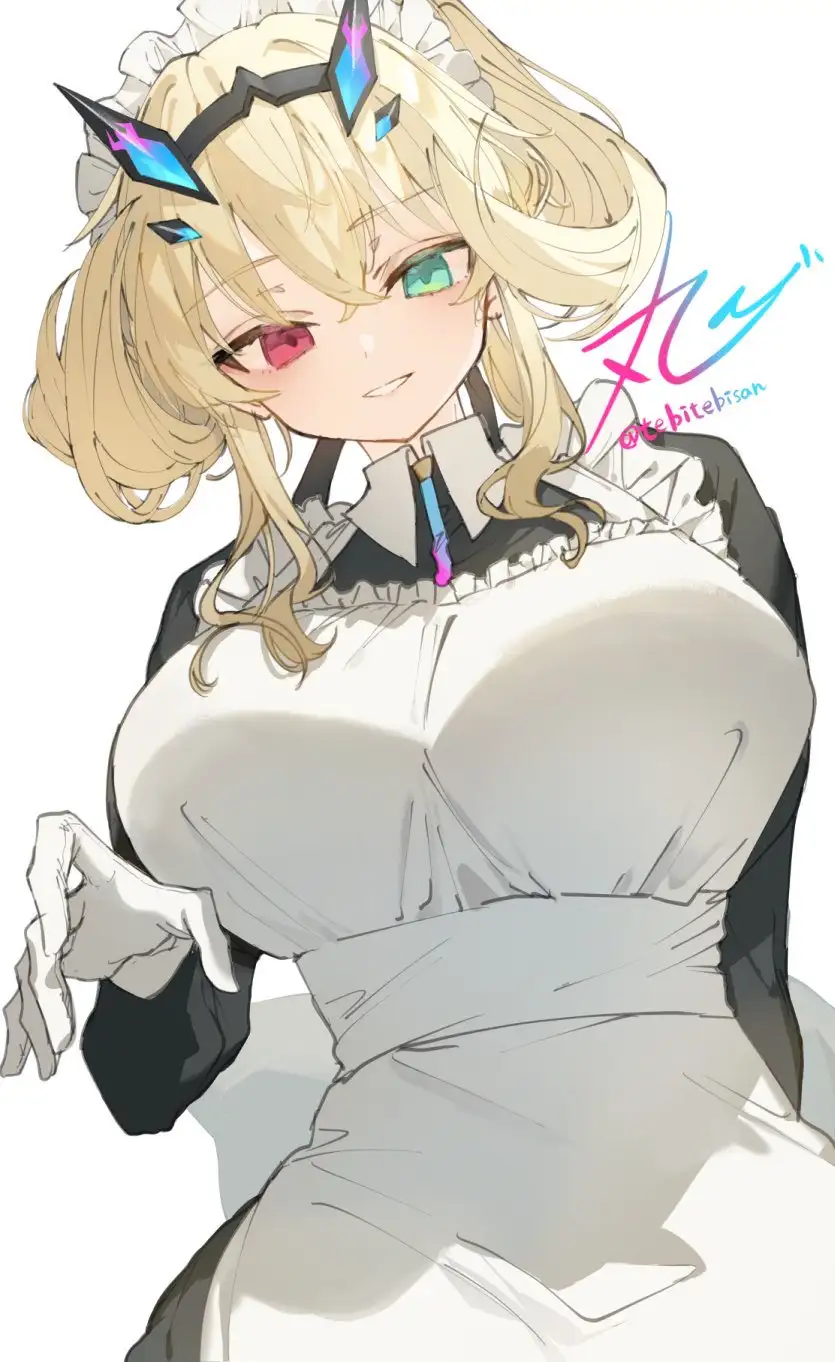 An anime-style illustration of a blonde-haired female character with heterochromatic eyes (one pink, one green) wearing a…