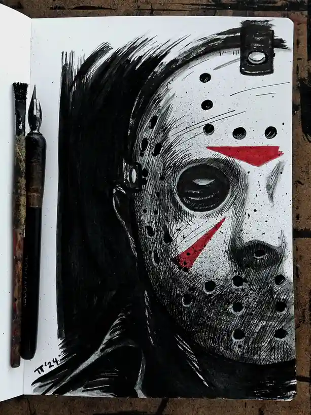 A hand-drawn sketch in a sketchbook depicts Jason Voorhees from the 'Friday the 13th' franchise, recognizable by his iconic…