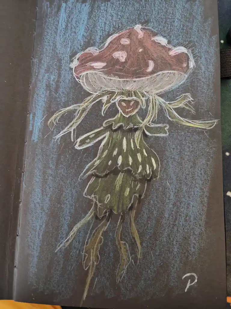 A chalk drawing on dark paper depicts a whimsical, humanoid figure with a large red-and-white spotted mushroom cap for a…