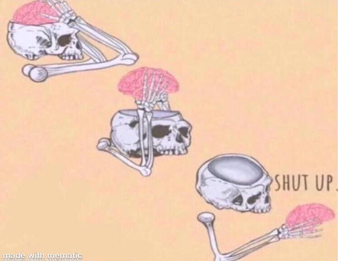 The image shows three skulls in a descending sequence: the top skull has its brain intact and held by skeletal hands, the…