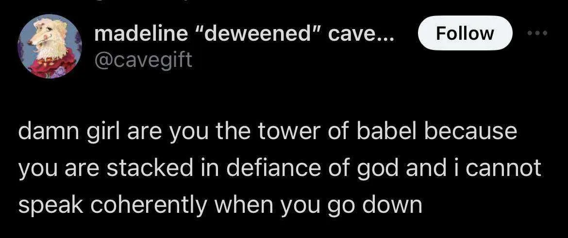 A screenshot of a tweet from user madeline 'deweened' cave... @cavegift, featuring a profile picture of a dog in a red…
