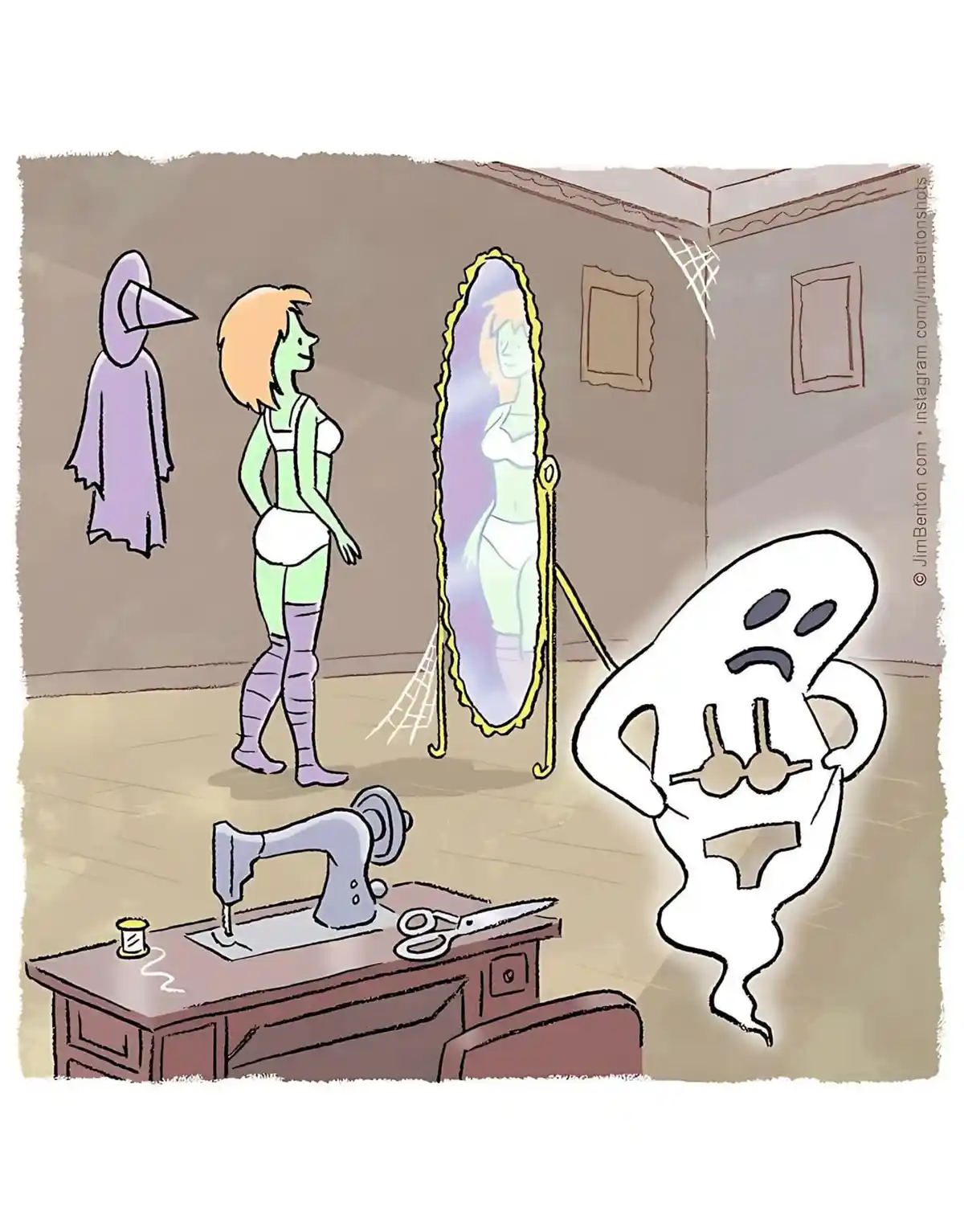 A cartoon green-skinned woman in white underwear and purple thigh-highs stands smiling in front of a mirror in a room with a…