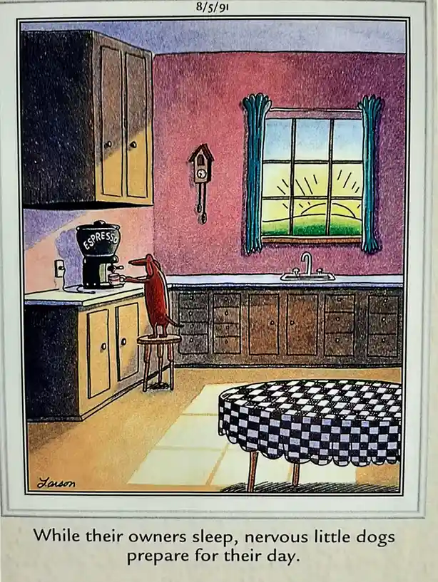 A cartoon dachshund stands on a stool in a kitchen, reaching for a cup from an espresso machine. The scene includes…