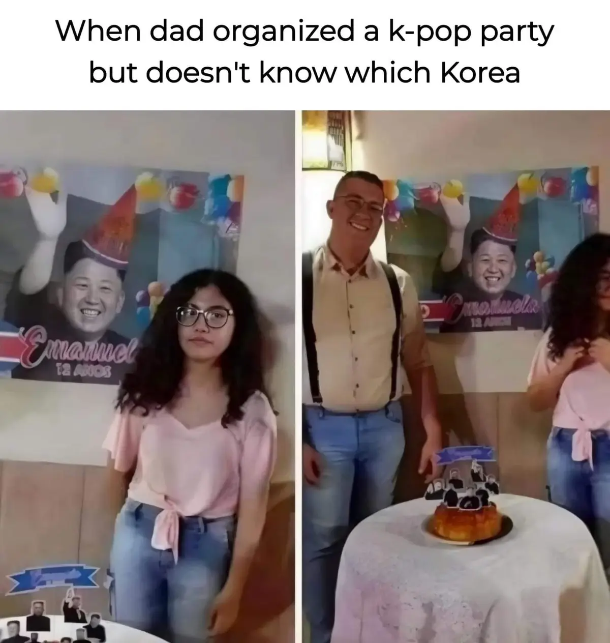 Two photos show a birthday party where a large poster of Kim Jong-un, labeled 'Emanuel 12 años', is displayed behind a young…