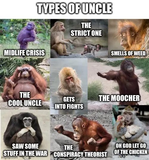 A grid of nine images featuring various monkeys, each labeled with a humorous stereotype of an uncle: 'MIDLIFE CRISIS', 'THE…