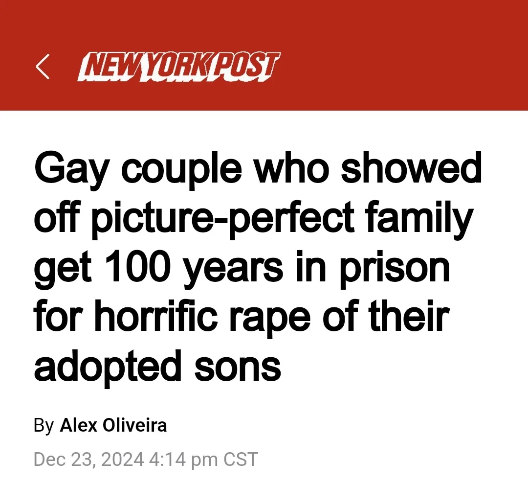 The image displays a screenshot of a New York Post article headline that reads 'Gay couple who showed off picture-perfect…