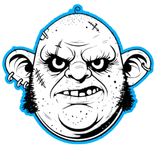 A black-and-white cartoon illustration of a bald, angry-looking character with stitched scars, large ears, and a furrowed…