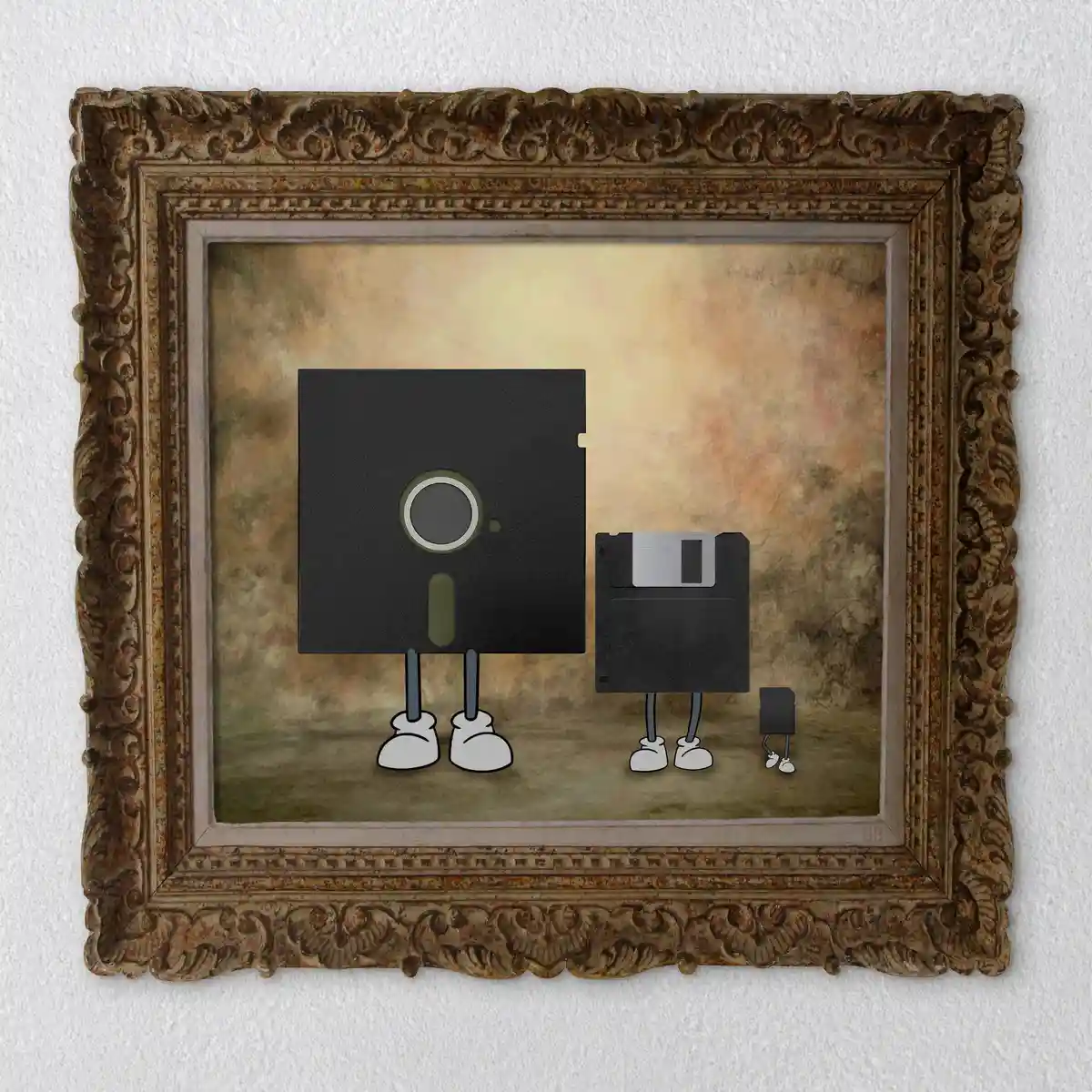An ornate, aged picture frame displays a painting of three anthropomorphic floppy disks standing on legs and white shoes…