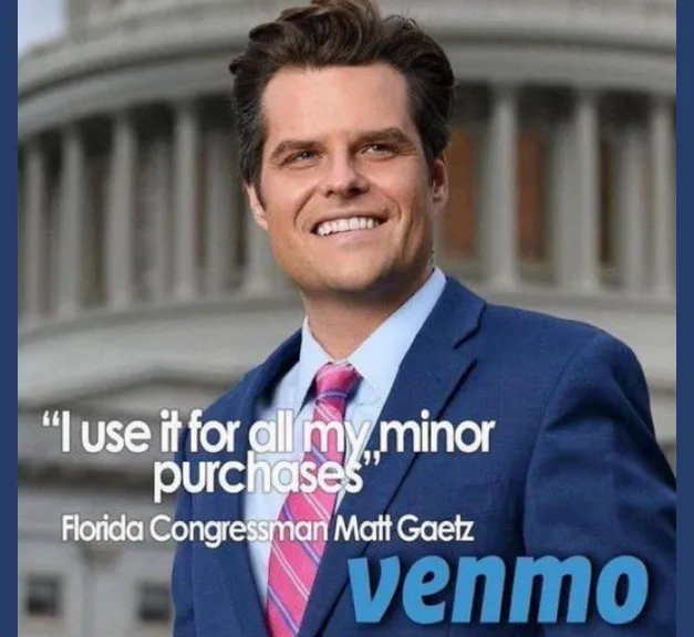 A photo of Florida Congressman Matt Gaetz smiling in front of the U.S. Capitol building, wearing a blue suit and pink tie…
